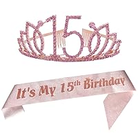 15th Pink Birthday Tiara and Sash Happy 15th Birthday Party Supplies 15th Pink Birthday Glitter Satin Sash and Crystal Tiara Princess Birthday Crown for Girls 15th Birthday Party Decorations