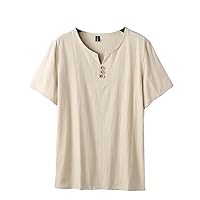 Cotton Linen Men Summer T-Shirt Solid Color Tshirt Casual Linen Tees Tops Male Henley Collar T Shirt
