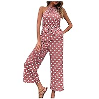 Women's Vacation Outfits Fashion Polka Dot Wide Leg Jumpsuit Neck Strap Beach Outfits