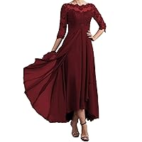 Women's 3/4 Sleeves Mother of The Bride Dresses Tea Length Lace Appliques Chiffon Formal Gowns Zip Closure