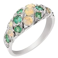 925 Sterling Silver Real Genuine Opal and Emerald Womens Band Ring
