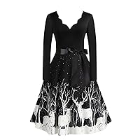 Women's Dresses for Fat Print Patchwork Long Sleeve Dress Deer Skater Party Dresses Pretty Garden 2023, S-3XL