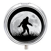 Funny Bigfoot Sasquatch Full Moon Round Pill Box Portable Mini Pill Case Organizer for Women Men Travel Gift