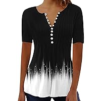 Womens Feather Printed Summer Tops V Neck Buttons Up Henley T Shirts Pleated Tunics Casual Dressy Work Blouses
