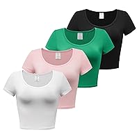 Women’s 4 Pieces Basic Crop Tops Scoop Neck Cap Sleeve Shirts