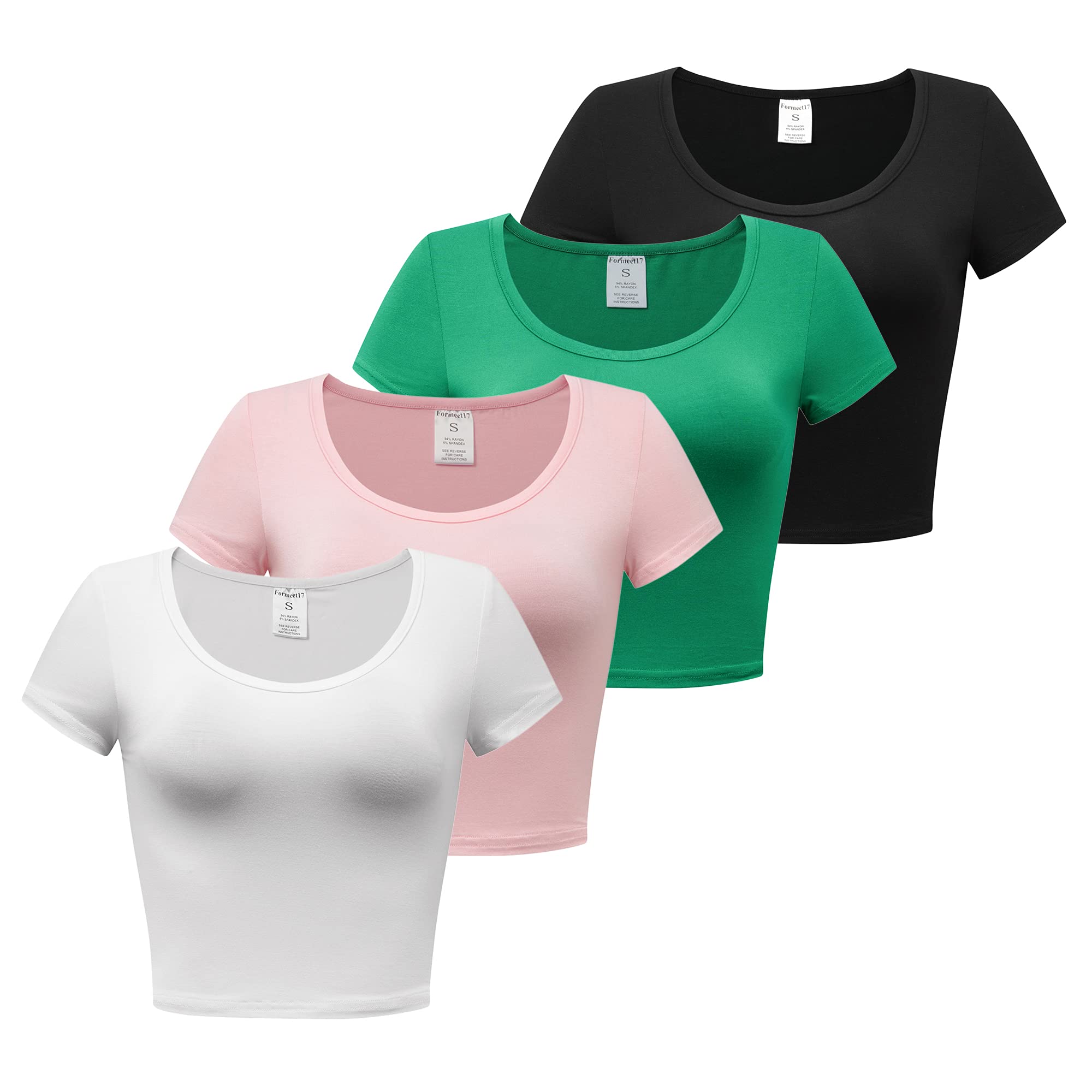 Formeet17 Women’s 4 Pieces Basic Crop Tops Scoop Neck Cap Sleeve Shirts