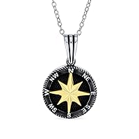 Bling Jewelry Unisex Explorer Travel Viking Disc Medallion Inspirational North Star Rose Compass Pendant Necklace For Men For Women Black Plated Two Tone .925 Sterling Silver with Chain