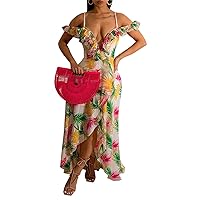 Womens Sexy Ruffles Sleeve Off Shoulder Printed Bodycon Split Party Clubwear Beach Dress