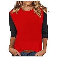 Blouses for Women Dressy Casual,Womens Solid Round Neck 3/4 Length Sleeve Shirts Loose Fit Spring Outfits 2024