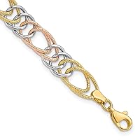 8.5mm 14ct Tri color Gold Polished Textured Fancy Double Link Bracelet Jewelry for Women - 18 Centimeters