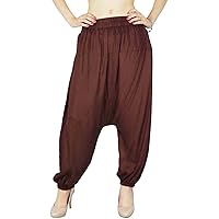 Solid High Waist Elasticated Harem Pants Casual Hippie Baggy Pants for WomenΓÇÖs Brown