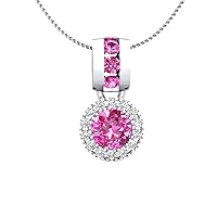 0.65 CT Round Cut Simulated Pink Sapphire & Cubic Zirconia Halo Pendant Necklace 14k White Gold Over