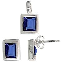 Sterling Silver Radiant Cut CZ Rectangular Stud Earrings and Pendant Set Assorted colors for women Brushed finish