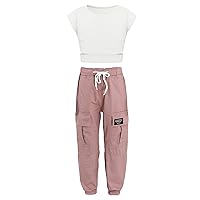 Kids Girls 2Pcs Stylish Dance Outfits Short Sleeve Crop Top with Elastic Waist Cargo Jogger Pants Athletic Tracksuit