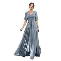 A-Line V-Neck Half Sleeves Bridesmaid Dress for Wedding Guest Long Chiffon Formal Party Dresses with Slit