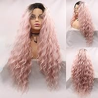 Ombre Pink Lace Front Wigs Long Curly Glueless Natural Hairline with Baby Hair, Fashion Pastel Pink Wigs for Women Girls,Soft Synthetic Wigs Heat Resistant Hair Replacement Wigs Daily Cosplay Wig