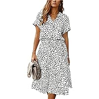 Womens Summer Short Sleeve Polka Dot Long Dress Bohemian Floral Button Down Shirt Dress V Neck Flowy Maxi Dress