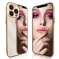 Mirror Case Compatible with iPhone 15 Pro Max Case for Women, Gold Luxury Electroplate Edge Makeup Bling Acrylic Reflective Mirror Back Cover Hard Shell Slim Thin Protective Girly Case Glitter