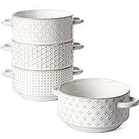 LE TAUCI Soup Bowls with Handles, 20 oz French Onion Soup Crocks, Stackable Soup Bowl Oven Safe for Chili, Beef Stew, Embossment Ceramic Bowl Set - 5.4 Inch, Set of 4, Arctic White