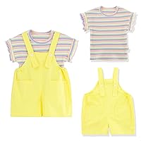Toddler Baby Girl Summer Clothes Sets with Rainbow Ribbed Knit Shirts & Short Overalls