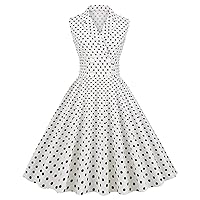 IKADEX Women Vintage 1950s Polka Dot Swing Dress Hepburn Style Sleeveless Lapel A-line Cocktail Dress