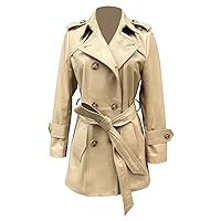 Women's Elegant Beige Genuine Sheepskin Lapel Collar Belted Waist Business Fashion Double Breasted Style Trench Coat