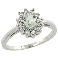14K White Gold Natural Green Amethyst Flower Diamond Halo Ring Oval 6x4 mm, sizes 5-10