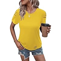 Women's Short Sleeve T Shirts Crew Neck Ripped Cut Out Summer Casual Basic Tees Tops