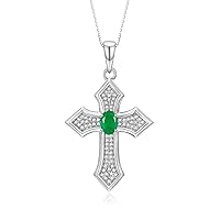 Cross Necklace: Gemstone & Diamond Sterling Silver 925 Pendant - 7X5MM Birthstone - 18 Chain - Elegant Jewelry