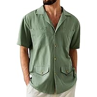 Mens Guayabera Shirt Short Sleeve Cotton Linen Shirt Tropical Holiday Button Down Cuban Camp Beach Shirts Tops