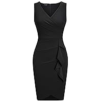 oten Women's V Neck Sleeveless Ruffle Ruched Bodycon Cocktail Party Formal Midi Dresses