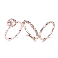 7mm Round Natural Pink Morganite Halo Claw Ring Propose Set,Diamonds Vintage 14k Rose Gold Matching Band