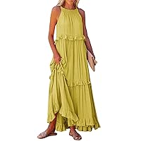 Plus Size Women Dresses, Casual Sleeveless Halter Ruffle Hem Maxi Big Swing Beach Dress Summer for Midi Dress (XXL, Yellow)