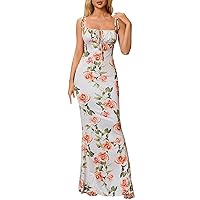 Flower Dress for Women, Women's Floral Slim Bodycon Dresses Tie Front Spaghetti Strap Sleeveless Wrap Long 2024 Boho