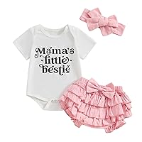 Baby Girls Summer Skirts Set Jumpsuit Outfit Mama's Little Bestie Short Sleeve Romper Ruffle Shorts Headband