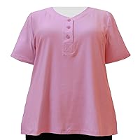 Women's Plus Size Pink Cotton Knit Short Sleeve Y-Neck Placket Top