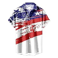 4th of July Patriotic Hawaiian Shirts for Men Star Stripes Short Sleeve Tunic Tops Button Down Beach Bowling Shirt