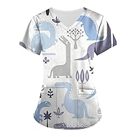 Women's Printed Scrub Tops Plus Size Cartoon Pattern Turtle Neck Short Sleeve Tops Fashion Shirts for Women