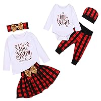 Baby Girl Boy Matching Clothes Christmas Big Sister Little Brother Tops Plaid Skirt Pants+Bow Headband 3pc Outfits