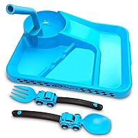 Toddler Plates - Toddler eating Utensil set with Spoon Fork and Removable Straw - Construction theme Toddler Utensils - Baby Plates Feeding set - Construction Plates and Cutlery - Blue
