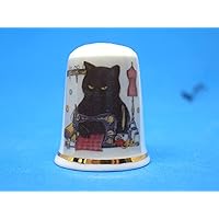 Porcelain China Collectible Thimble - Black Cat Sewing - with Gift Box