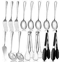 Serving Utensils Set for Partie, Silver Stainless Steel Metal Serveware Large Serving Spoons, Slotted Spoons, Forks, Tongs, Soup and Skimmer Spoon, Cake Server for Buffet, Catering, Entertaining 15pcs