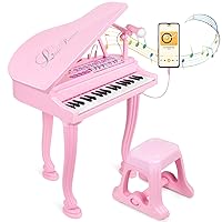 Kids Piano Keyboard Toys 37 Keys,Grand Piano for Beginners,3 4 5 6 Years Old Toddler Girl Boy Gift,Educational Musical Instrument,w/Microphone,Stool,Piano Lid,Lights,Note Stickers,Enamel Finish- Pink