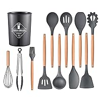 12 Pcs Silicone Cooking Utensils Kitchen Utensil Set - 446°F Heat Resistant,Turner Tongs, Spatula, Spoon, Brush, Whisk, Wooden Handle Grey Kitchen Gadgets with Holder for Nonstick Cookware