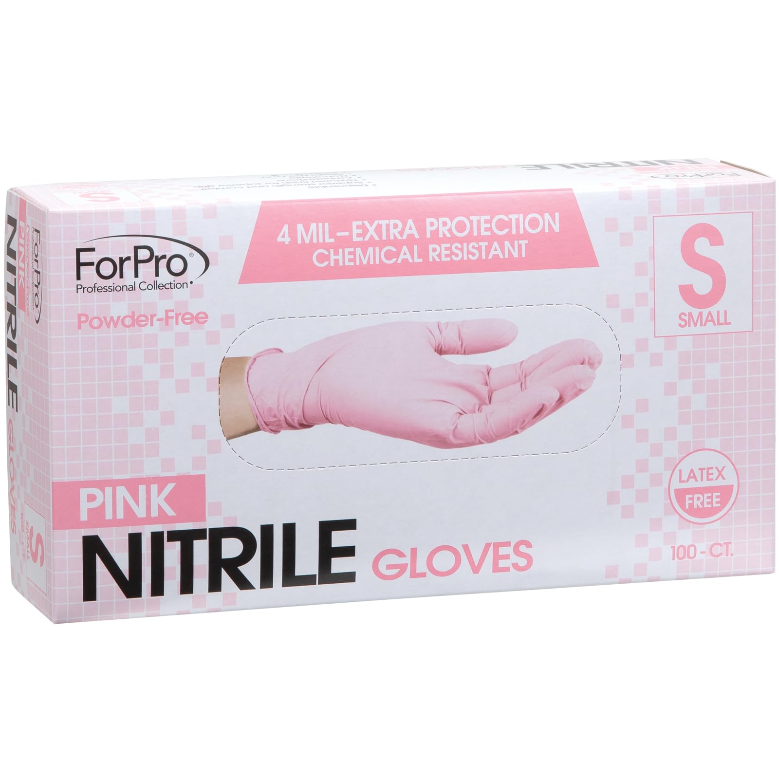 ForPro Disposable Nitrile Gloves, Chemical Resistant, Powder-Free, Latex-Free, Non-Sterile, Food Safe, 4 Mil, Pink, Small, 100-Count