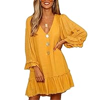 Women's Long Sleeve Flare Tunic Dress V Neck Casual Loose Flowy Dresses Button Down Mini Solid Color Linen Dress