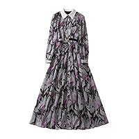 Summer Print Maxi Dress for Women Elegant Vintage Single Breasted Holiday Dresses for Women Long Sleeve Robes