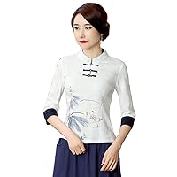 Women's Linen Tang Suit 3/4 Sleeve Chinese Shirt Blouse Top