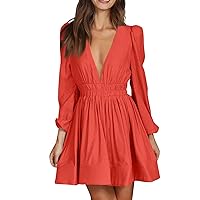 Women's Homecoming Dresses Spring And Autumn Casual Fashion Deep V-Neck Waist Long Sleeve Solid Color Dresses, S-XL