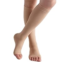 Bounfend® Compression Socks 20-30mmHg, Knee High Open Toe, Medical Grade Stockings for Women and Men,Varicose Vein Swollen Legs, Shin Splints, Nursing, Travel, Beige L